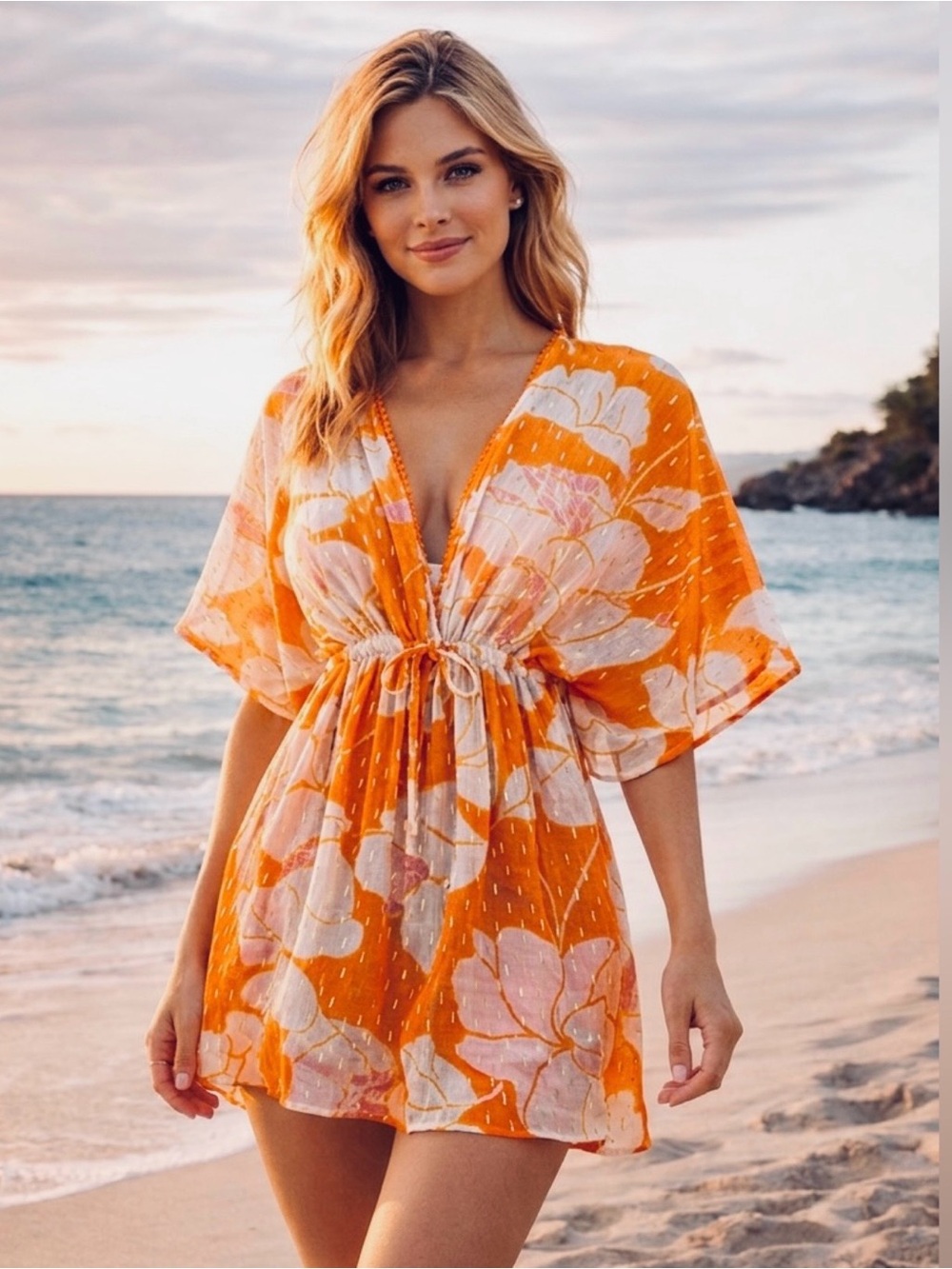Club Z collection. NWOT orange floral with metallic tear drops cover up. Sz exlg
